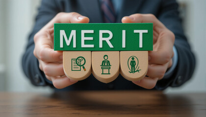 Merits or Demerits. Merit Business Concept. Business person using virtual touch screen push text MERIT