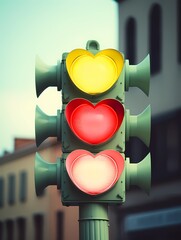 Heart shaped traffic light pastel colors street corner analog camera shallow depth