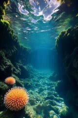 Underwater Paradise: The crystal-clear ocean depths are revealed, showcasing vibrant coral reefs and a mesmerizing dance of light through the sunlit surface.