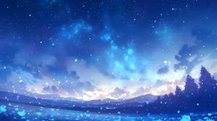 A starry night sky over a serene snow-covered field, with distant mountains shrouded in clouds, evoking a sense of tranquility and awe.