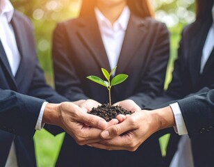 Environment cooperration, unity of business people and community together protecting small aprout with hand. Custom AI Model