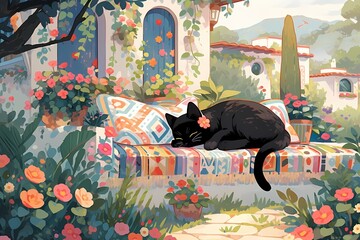 A black cat rests on a colorful quilted bench amidst a lush garden, surrounded by blooming flowers and a quaint white house with a red roof in the background.
