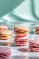 Sweet Symphony of Macarons: Delicate pastel macarons, meticulously stacked against a softly blurred backdrop, create a symphony of sweetness and elegance.