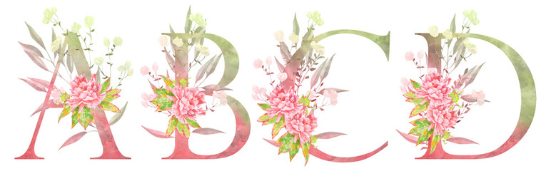  Elegant floral alphabet letters A, B, C, D in soft watercolor style. Featuring pink peonies, greenery and gentle pastel tones. Perfect for wedding design, monograms, and feminine branding.