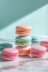 Pastel Macarons Stack: A delightful stack of pastel-colored macarons sits on a marble surface, bathed in soft, filtered sunlight, creating a visually appealing and tempting image.