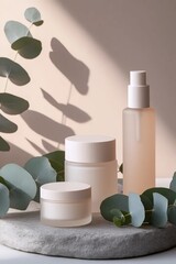 Botanical Bliss: Captivating product display of cosmetic cream and serum with green leaves, and a minimalist aesthetic, creating a sense of purity and luxury.