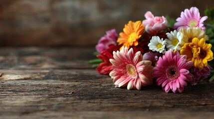 Close-up bunch of fresh colorful flowers on wooden table, empty copyspace on right 