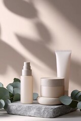 Elegant Skincare Display: An arrangement of minimalist skincare products is artfully displayed upon a textured stone surface, accented by lush green foliage and soft shadows.