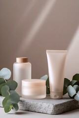 Serene Skincare Essentials: A close-up shot of a skincare product set against an elegant background, embodying the essence of nature and serenity.