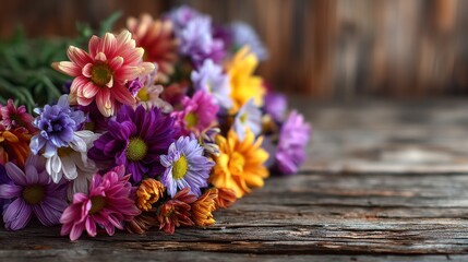 Close-up bunch of fresh colorful flowers on wooden table, empty copyspace on right 