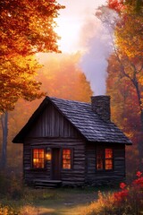 Cozy Cabin in Autumn's Embrace: An inviting cabin nestles amidst the vibrant hues of autumn foliage, with a chimney releasing a gentle wisp of smoke into the crisp, sunlit air.