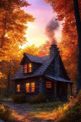 Cozy Cabin in Autumn: A picturesque cabin nestled amid vibrant autumn foliage, with smoke curling from its chimney, creates a scene of rustic warmth and tranquility.