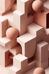Geometric Pastel Abstraction: An elegant composition of pastel-colored geometric shapes, including cubes, spheres, and steps, creating a mesmerizing 3D abstract design.