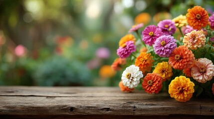 Close-up bunch of colorful flowers on wooden table with blurred garden background, copyspace right