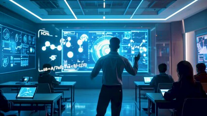 A futuristic classroom with a central AI figure facing students, surrounded by large holographic screens and advanced digital interfaces used for teaching and data visualization. - Powered by Adobe