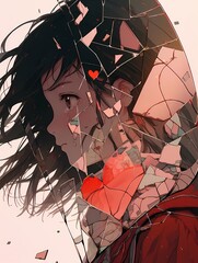 A young girl, crying with a single tear, sits amidst shattered glass, her red jacket a stark contrast to the white background, exuding sadness and vulnerability.