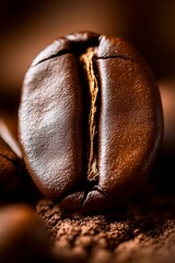 Coffee Bean Close-up: A macro shot reveals the intricate textures and rich details of a single, roasted coffee bean, its natural beauty and aromatic essence