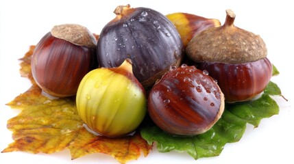 Colorful Autumn Chestnuts in Various Shades on White Background