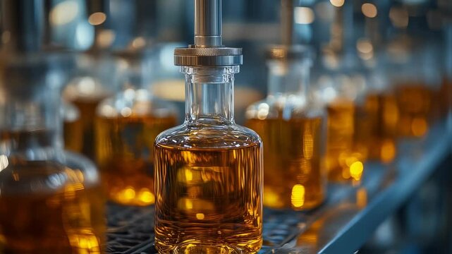 Refined Spirits: Close-up View of Glass Bottles being Filled in Production Line