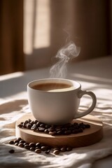 Morning Coffee Aroma: A steaming cup of coffee, nestled on a wooden coaster surrounded by roasted beans, against the backdrop of soft morning light and simple fabric