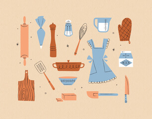 Kitchen utensils rolling pin, pastry bag, pepper grinder, whisk, measurable cup, oven mitts, spatula, pan, bowl, butter, knife drawing in vintage style on beige background