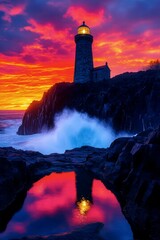 Guiding Light Amidst the Storm: A majestic lighthouse stands tall against a vibrant sunset sky, its beacon of hope illuminating the turbulent sea. The scene evokes feelings of resilience, guidance.