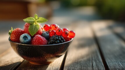 Close-up bowl with apples, oranges, and grapes on wood table in lush garden, copyspace top