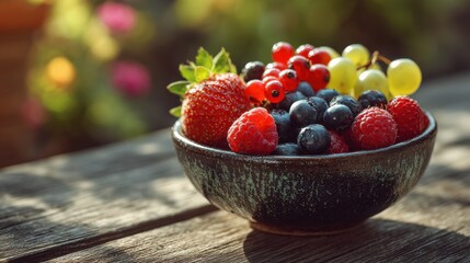 Close-up bowl of fresh mixed fruits on rustic wooden table in garden, copyspace on right 