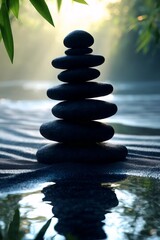 Zen Stone Stack: Perfectly balanced stones on a serene beach create a zen-like atmosphere of calm and mindfulness.