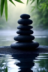 Zen Balance: A tower of carefully stacked stones stands serenely beside a tranquil body of water, conveying a sense of peace, balance, and harmony, enveloped by an ethereal atmosphere.