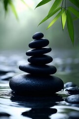 Zen Stone Tower by Water: A tranquil composition showcasing a meticulously balanced tower of smooth, dark stones, reflecting in serene water, with bamboo leaves gently framing the scene.