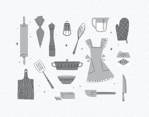 Kitchen utensils rolling pin, pastry bag, pepper grinder, whisk, measurable cup, oven mitts, spatula, pan, bowl, butter, knife drawing in vintage style on grey background
