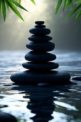 Zen Serenity: A carefully balanced tower of smooth, dark stones sits harmoniously amidst tranquil waters, a testament to the beauty of equilibrium, mindfulness, and peaceful reflection.