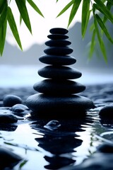 Zen Harmony: A beautifully arranged stack of smooth, dark stones stands gracefully in a pool of serene water, with gentle bamboo fronds in the background, portraying a sense of calm and balance. 