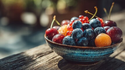 Close-up bowl of fresh mixed fruits on rustic wooden table in garden, copyspace on right 