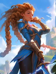 Blonde warrior sword shield fantasy illustration