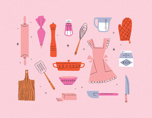 Kitchen utensils rolling pin, pastry bag, pepper grinder, whisk, measurable cup, oven mitts, spatula, pan, bowl, butter, knife drawing in vintage style on pink background