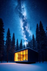 Cabin under the stars: A modern cabin glows warmly amidst a snowy landscape, framed by towering trees under a mesmerizing starry sky, evoking a sense of peace and solitude.