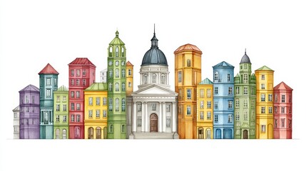 Fototapeta premium Colorful watercolor city skyline featu buildings in various styles art.