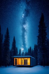 Cabin in Snowy Forest under Milky Way: A cozy modern cabin glows warmly amidst a snow-covered forest, illuminated by the breathtaking spectacle of the Milky Way Galaxy arching across the night sky.