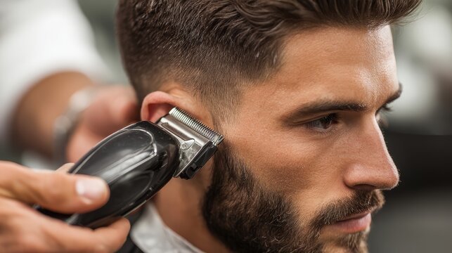 Skilled Barber Providing Precise Haircut to Man with Beard Using