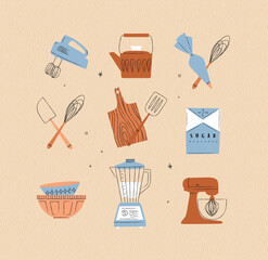 Kitchen appliances mixer, teapot, pastry bag and whisk, sugar pack, bowl, blender illustrations drawing in vintage style on beige background