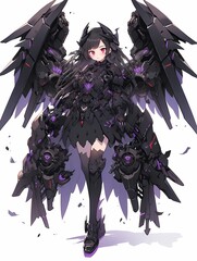 Young anime girl character with red eyes, black hair, and mechanical wings, ready for battle