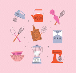 Kitchen appliances mixer, teapot, pastry bag and whisk, sugar pack, bowl, blender illustrations drawing in vintage style on pink background
