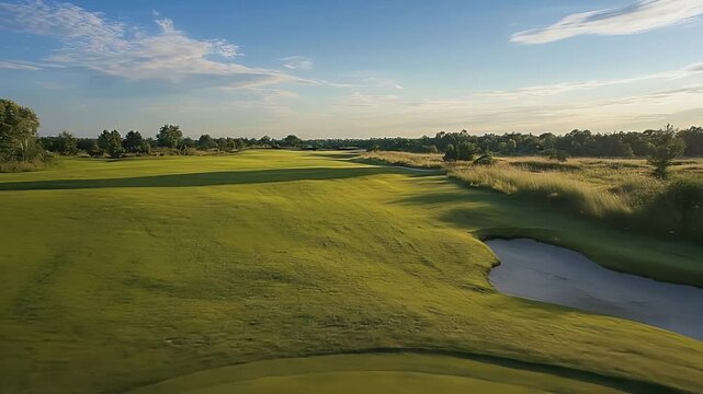 Lush Green Golf Course with Sand Traps and Flag in Green Field under a Blue Sky and Soft Clouds Landscape Wide Shot