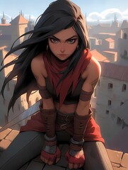 Woman with black hair, red scarf, tattoo sitting on medieval rooftop gazing at cityscape.