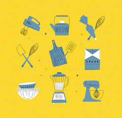 Kitchen appliances mixer, teapot, pastry bag and whisk, sugar pack, bowl, blender illustrations drawing in vintage style on yellow background
