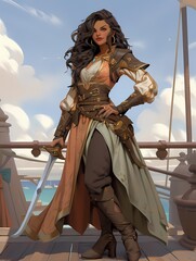 A confident woman stands on a wooden dock, wearing a vibrant, ornate outfit and holding a sheathed sword, exuding elegance and authority against a serene seascape backdrop.