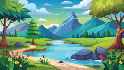 Cartoon Landscape With River, Mountains, Trees, Clouds, and Flowers in Bright Colors © Brojendra