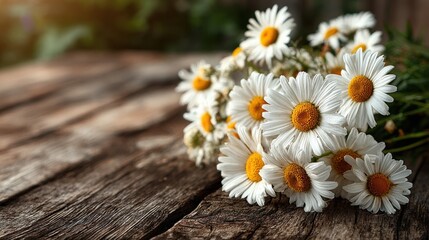 Bright fresh daisies bouquet on wooden table, natural light, copyspace right